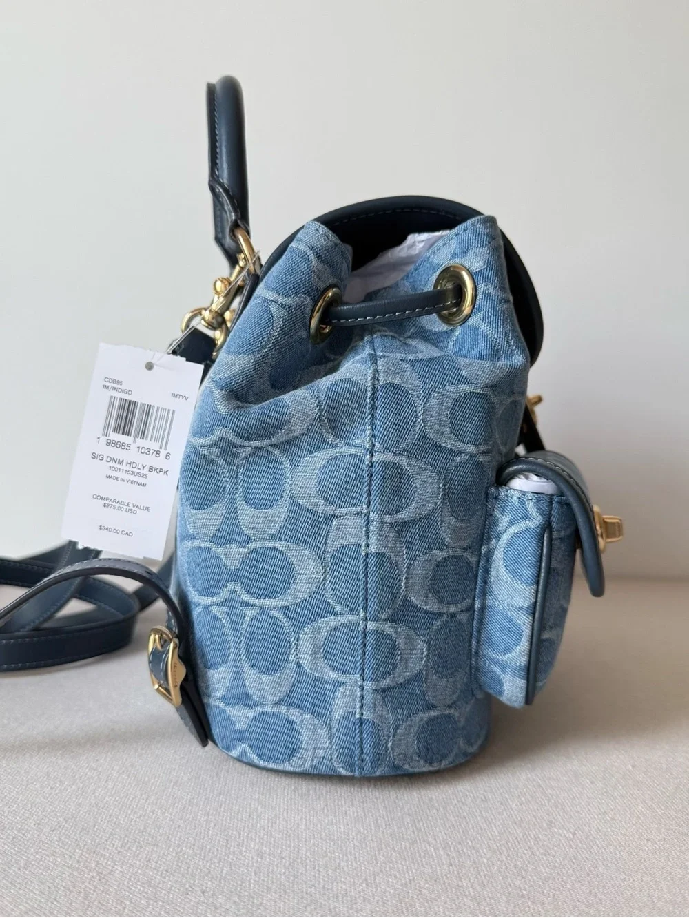 NWT Coach Hadley Backpack Signature Denim Blue Leather Gold Turnlock CDB95